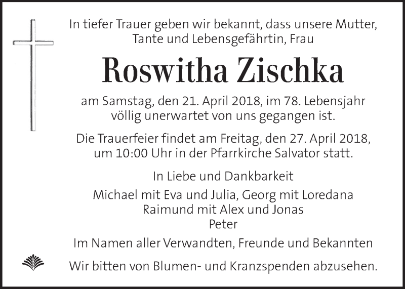  Traueranzeige für Roswitha Zischka vom 25.04.2018 aus Kleine Zeitung