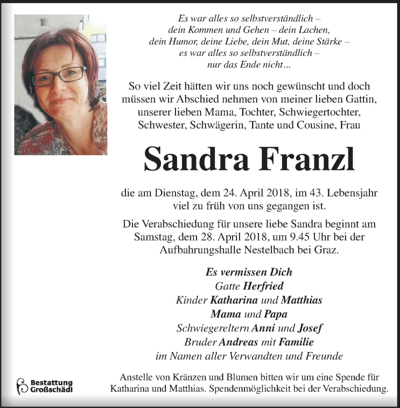  Traueranzeige für Sandra Franzl vom 27.04.2018 aus Kleine Zeitung