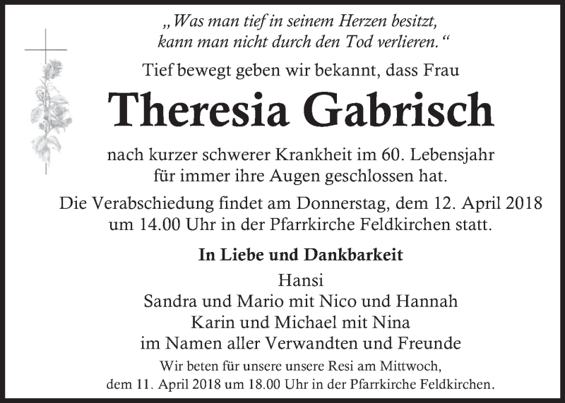  Traueranzeige für Theresia Gabrisch vom 11.04.2018 aus Kleine Zeitung