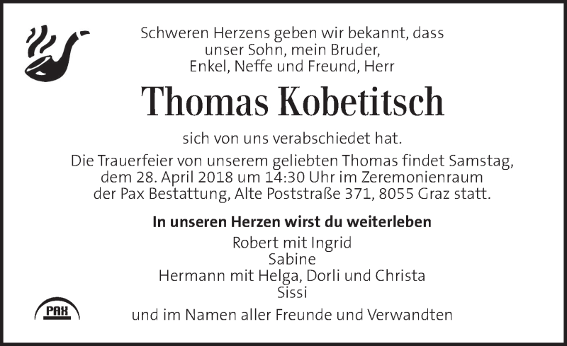  Traueranzeige für Thomas Kobetitsch vom 26.04.2018 aus Kleine Zeitung