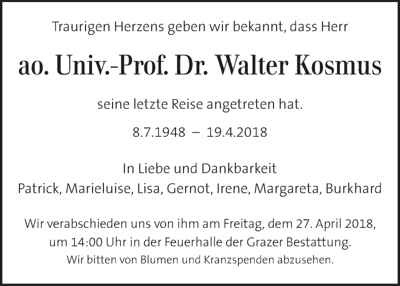  Traueranzeige für Walter Kosmus vom 24.04.2018 aus Kleine Zeitung