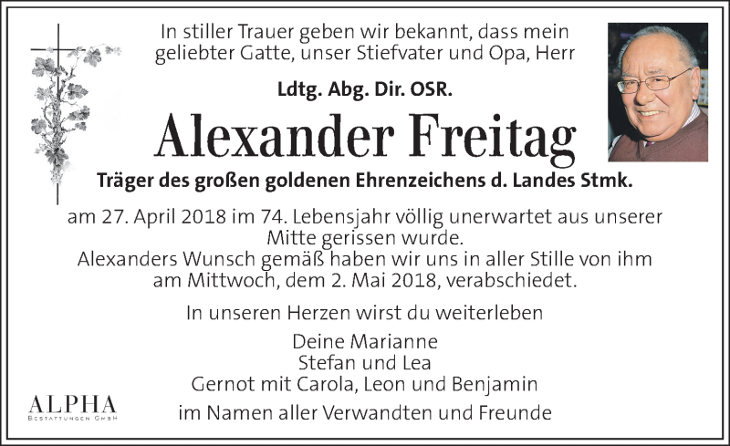  Traueranzeige für Alexander Freitag vom 04.05.2018 aus Kleine Zeitung