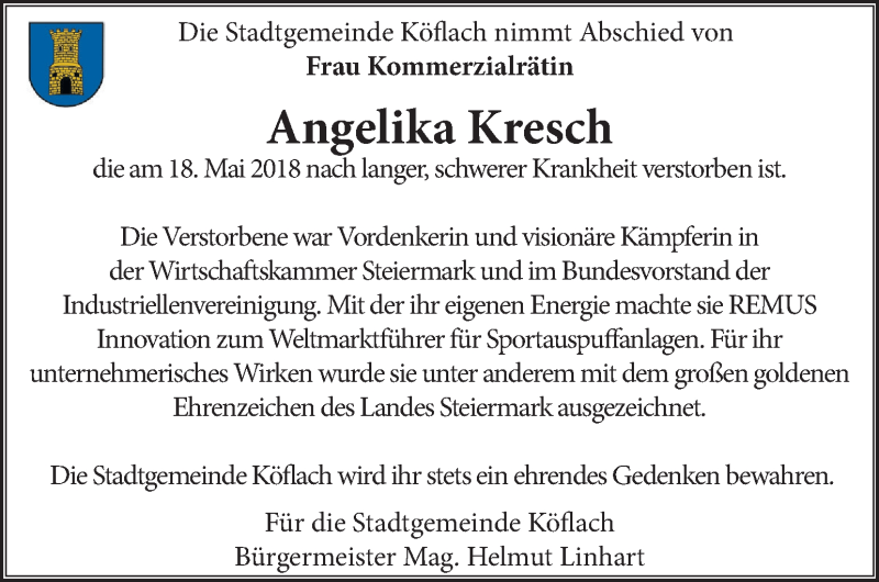  Traueranzeige für Angelika Kresch vom 25.05.2018 aus Kleine Zeitung