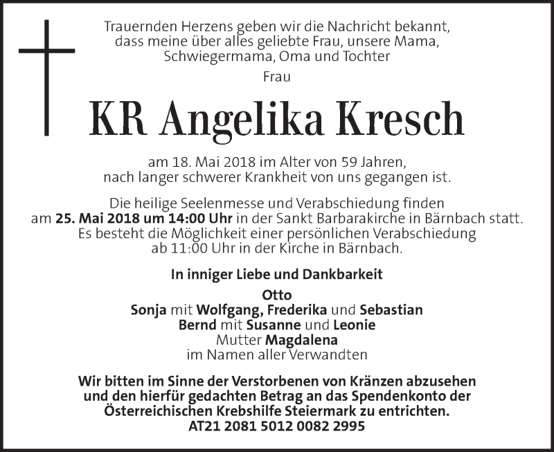  Traueranzeige für Angelika Kresch vom 20.05.2018 aus Kleine Zeitung