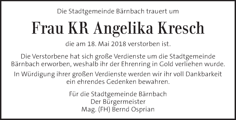  Traueranzeige für Angelika Kresch vom 23.05.2018 aus Kleine Zeitung