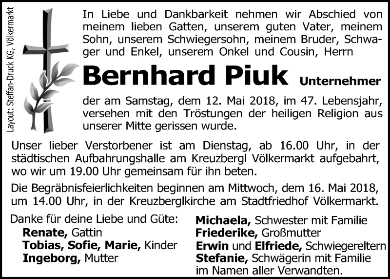  Traueranzeige für Bernhard Piuk vom 15.05.2018 aus Kleine Zeitung