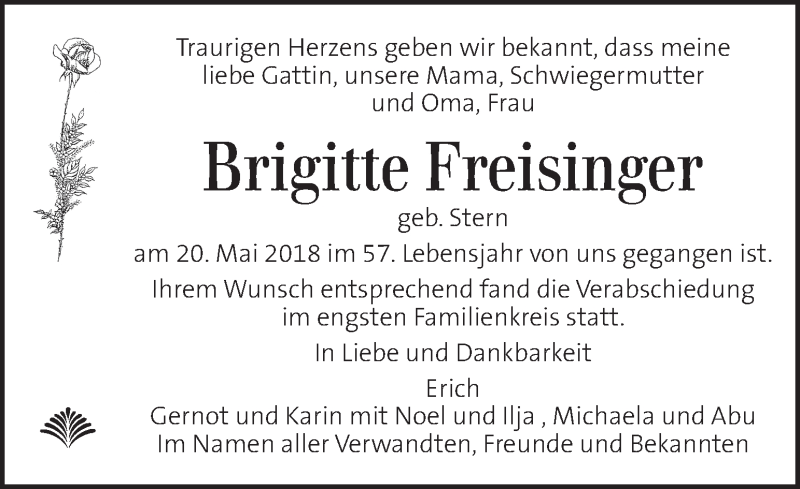  Traueranzeige für Brigitte Freisinger vom 26.05.2018 aus Kleine Zeitung