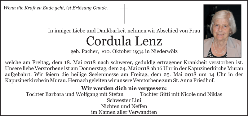  Traueranzeige für Cordula Lenz  vom 23.05.2018 aus Kleine Zeitung