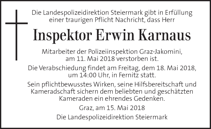  Traueranzeige für Erwin Karnaus vom 16.05.2018 aus Kleine Zeitung
