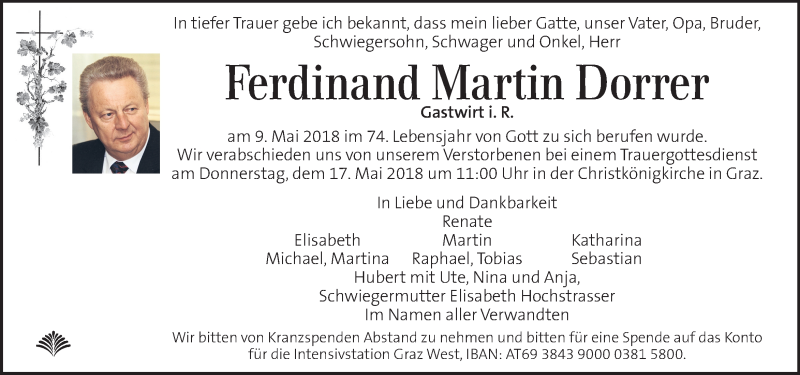  Traueranzeige für Ferdinand Martin Dorrer vom 15.05.2018 aus Kleine Zeitung