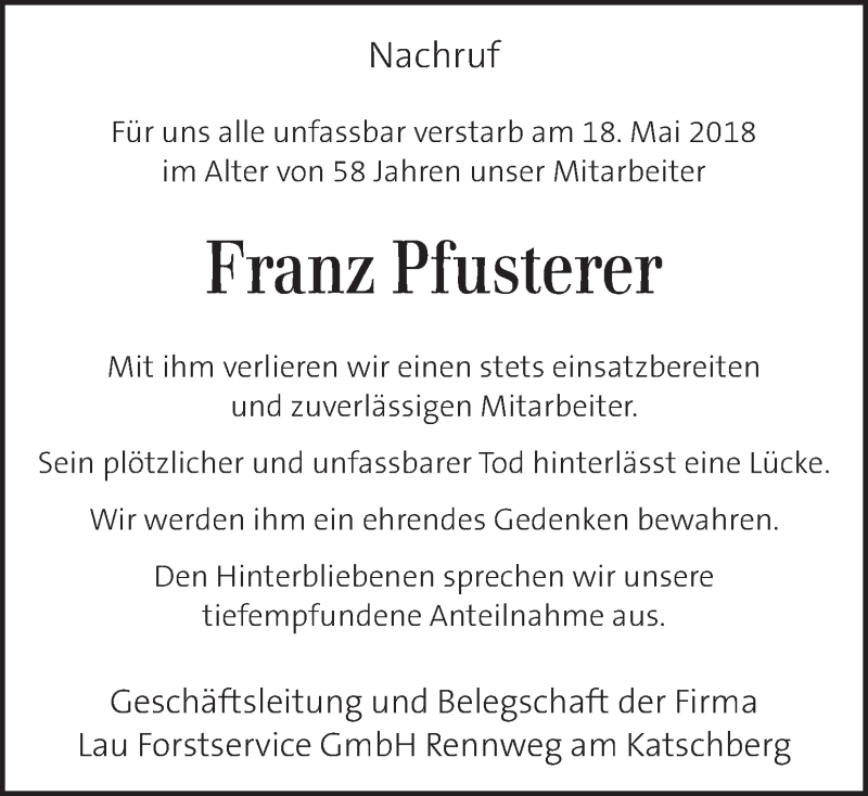  Traueranzeige für Franz Pfusterer vom 26.05.2018 aus Kleine Zeitung