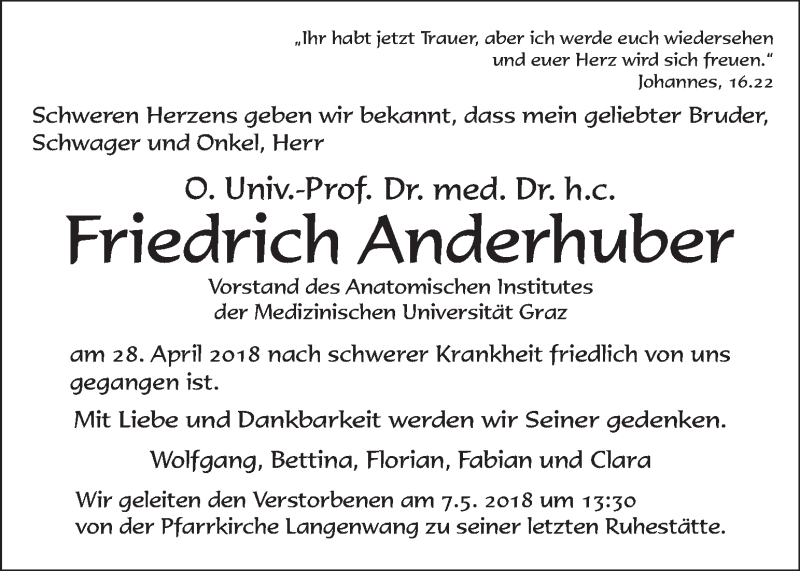  Traueranzeige für Friedrich Anderhuber vom 03.05.2018 aus Kleine Zeitung
