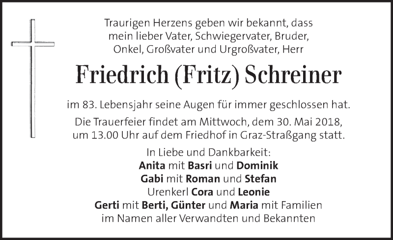  Traueranzeige für Friedrich Schreiner vom 26.05.2018 aus Kleine Zeitung