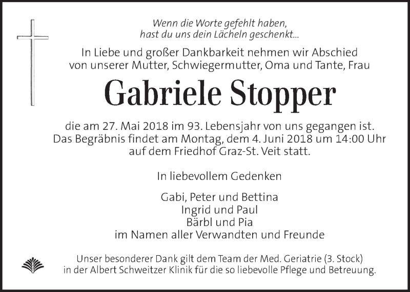 Traueranzeige für Gabriele Stopper vom 31.05.2018 aus Kleine Zeitung