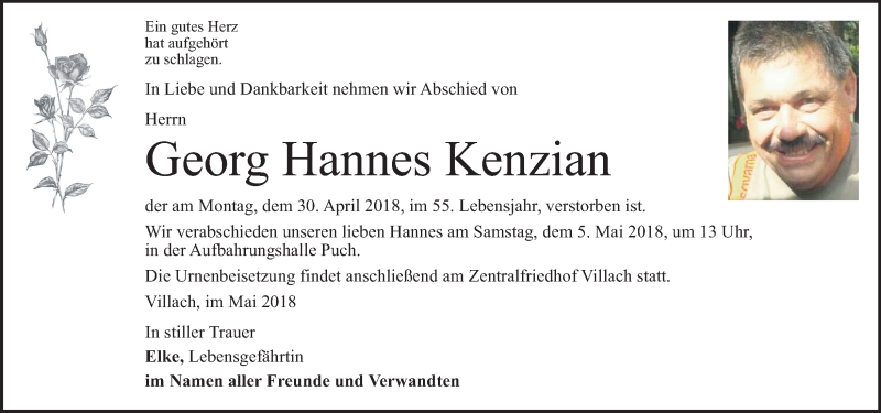  Traueranzeige für Georg Hannes Kenzian vom 03.05.2018 aus Kleine Zeitung