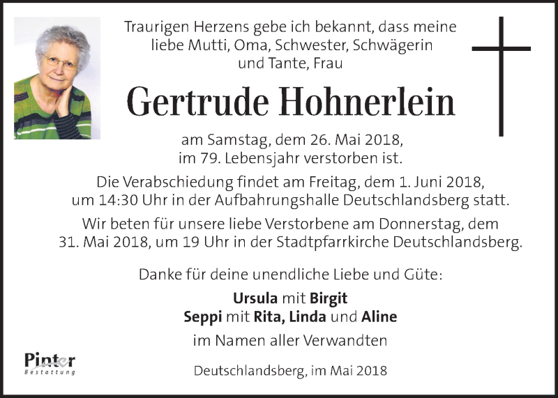  Traueranzeige für Gertrude Hohnerlein vom 31.05.2018 aus Kleine Zeitung