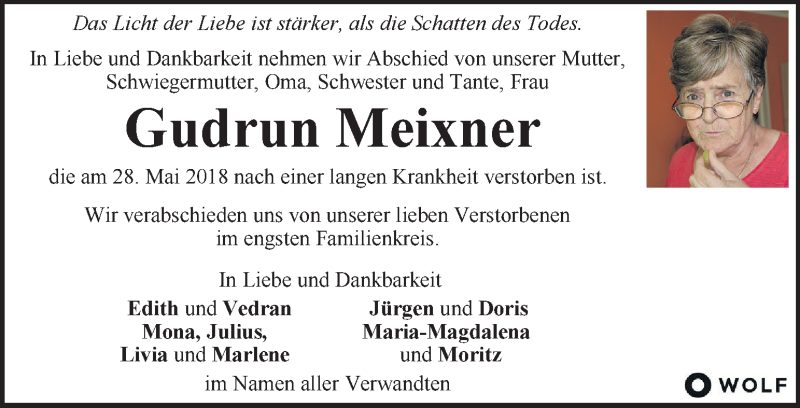  Traueranzeige für Gudrun Meixner vom 31.05.2018 aus Kleine Zeitung