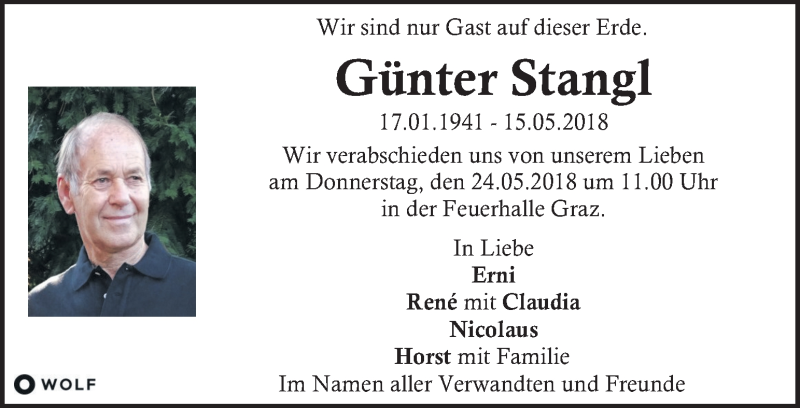  Traueranzeige für Günther Stangl vom 19.05.2018 aus Kleine Zeitung