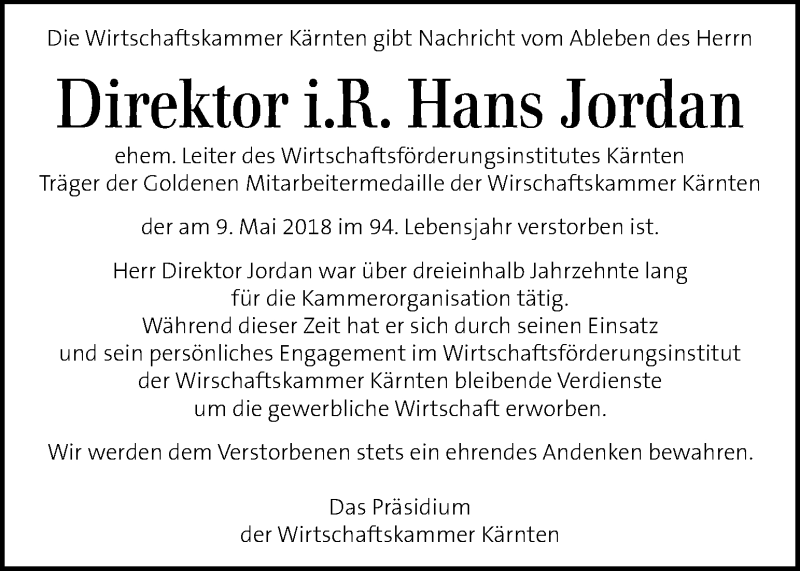  Traueranzeige für Hans Jordan vom 19.05.2018 aus Kleine Zeitung
