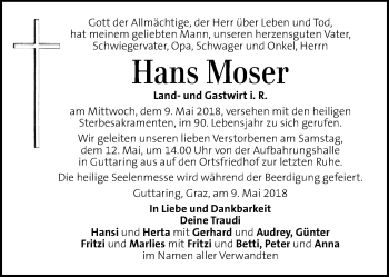 Traueranzeige von Hans Moser von Kleine Zeitung