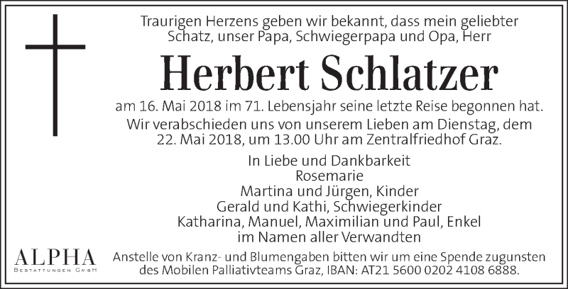  Traueranzeige für Herbert Schlatzer vom 20.05.2018 aus Kleine Zeitung