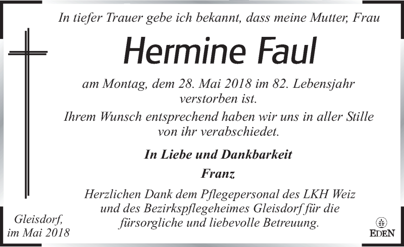  Traueranzeige für Hermine Faul vom 30.05.2018 aus Kleine Zeitung