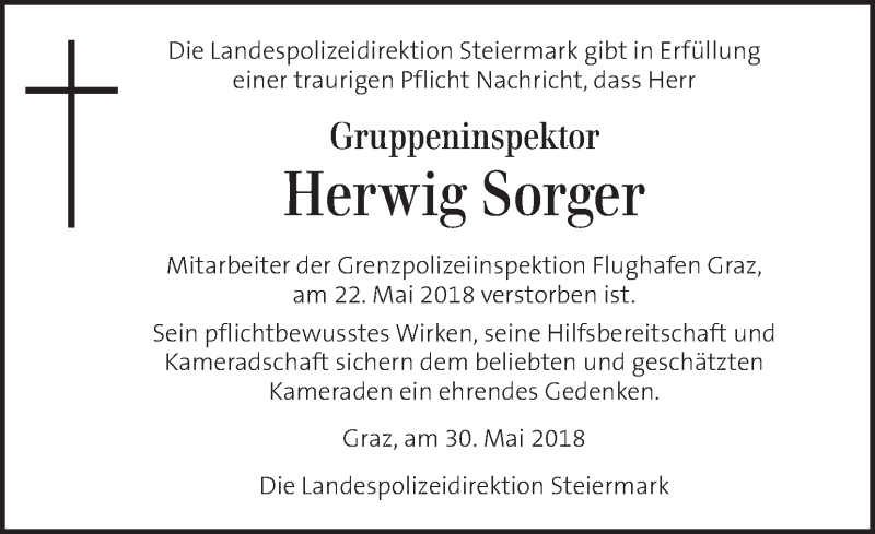  Traueranzeige für Herwig Sorger vom 31.05.2018 aus Kleine Zeitung