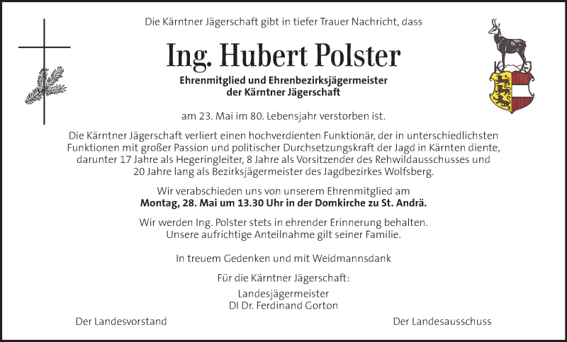  Traueranzeige für Hubert Polster vom 26.05.2018 aus Kleine Zeitung