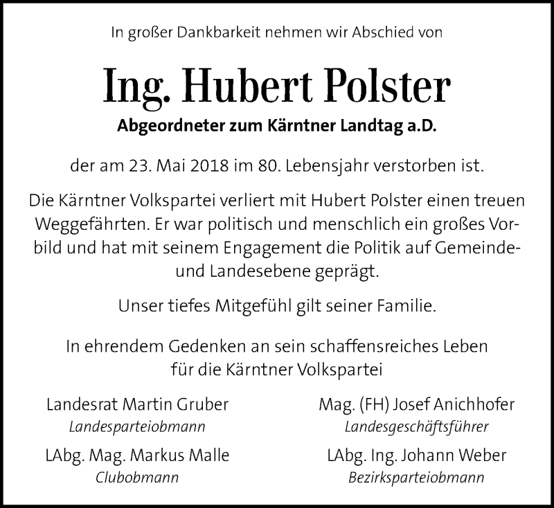  Traueranzeige für Hubert Polster vom 26.05.2018 aus Kleine Zeitung