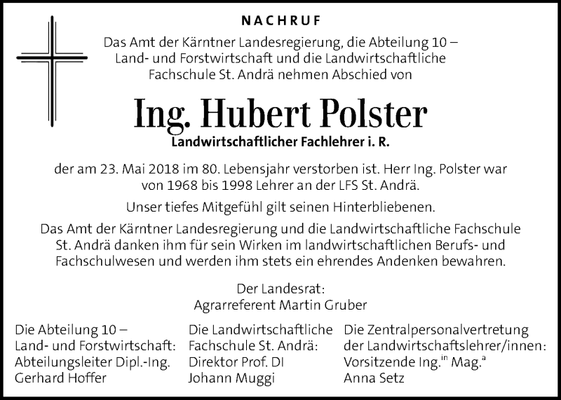  Traueranzeige für Hubert Polster vom 30.05.2018 aus Kleine Zeitung