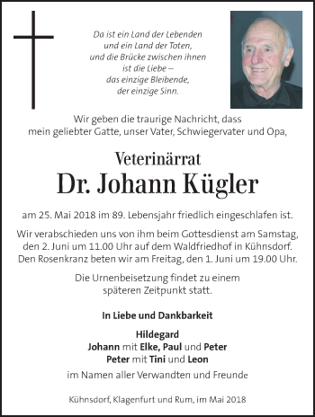 Traueranzeige von Johann Kügler von Kleine Zeitung