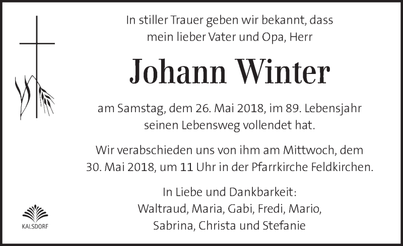  Traueranzeige für Johann Winter vom 29.05.2018 aus Kleine Zeitung