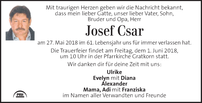  Traueranzeige für Josef Csar vom 31.05.2018 aus Kleine Zeitung