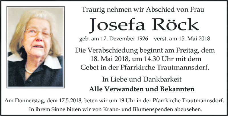  Traueranzeige für Josefa Röck vom 17.05.2018 aus Kleine Zeitung