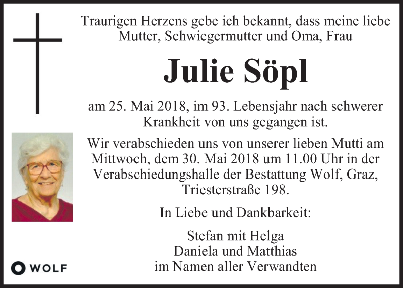 Traueranzeige für Julie Söpl vom 29.05.2018 aus Kleine Zeitung