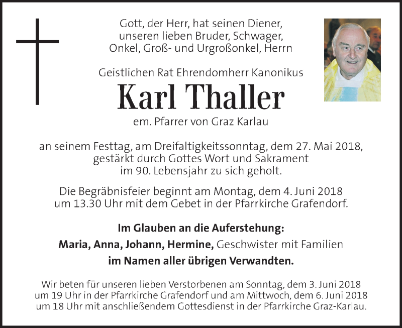  Traueranzeige für Karl Thaller vom 31.05.2018 aus Kleine Zeitung