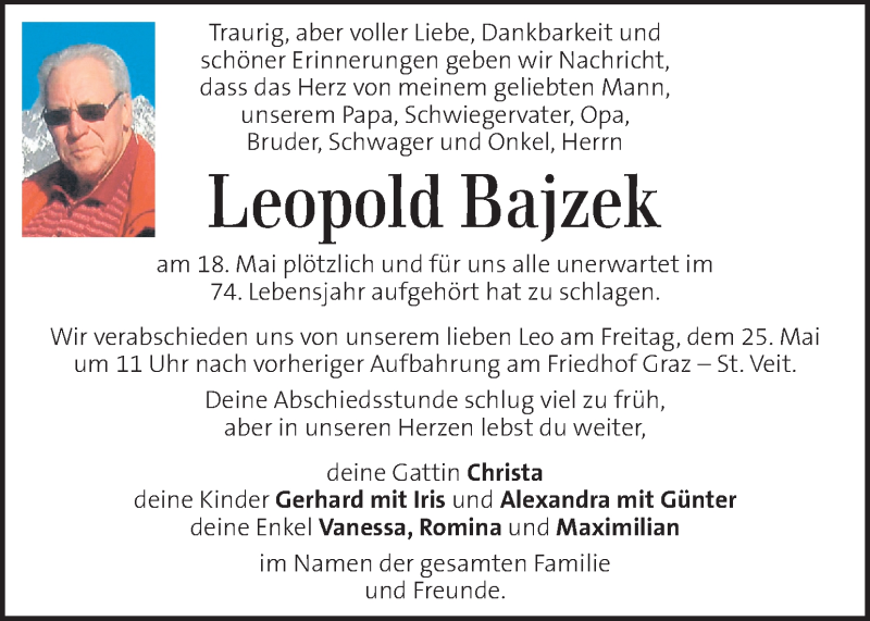  Traueranzeige für Leopold Bajzek vom 23.05.2018 aus Kleine Zeitung