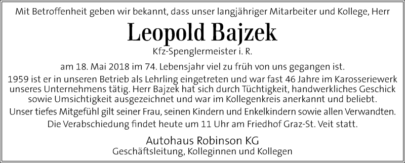  Traueranzeige für Leopold Bajzek vom 25.05.2018 aus Kleine Zeitung