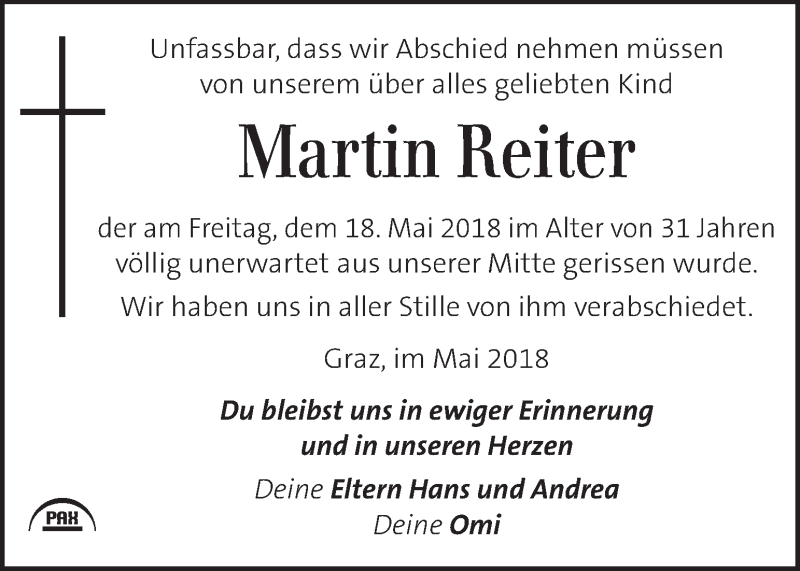  Traueranzeige für Martin Reiter  vom 25.05.2018 aus Kleine Zeitung