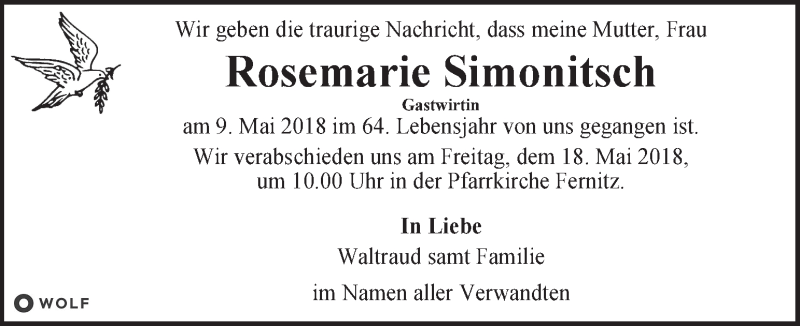  Traueranzeige für Rosemarie Simonitsch vom 16.05.2018 aus Kleine Zeitung