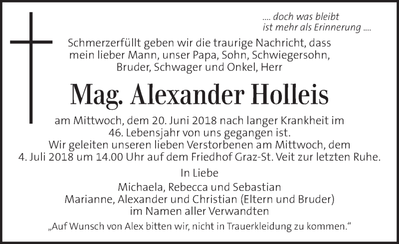  Traueranzeige für Alexander Holleis vom 27.06.2018 aus Kleine Zeitung