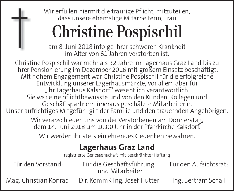  Traueranzeige für Christine Pospischil vom 13.06.2018 aus Kleine Zeitung