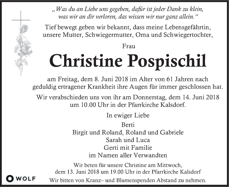  Traueranzeige für Christine Pospischil vom 12.06.2018 aus Kleine Zeitung