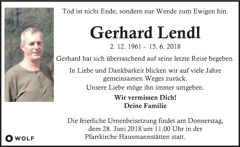  Traueranzeige für Gerhard Lendl vom 23.06.2018 aus Kleine Zeitung