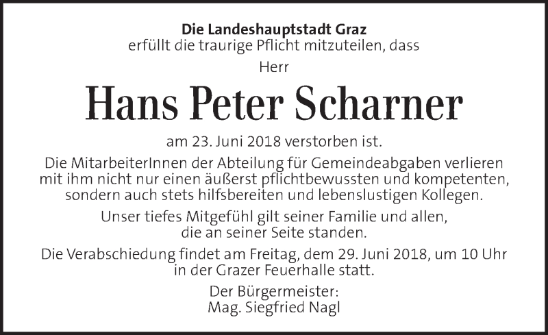  Traueranzeige für Hans Peter Scharner vom 28.06.2018 aus Kleine Zeitung