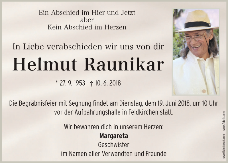  Traueranzeige für Helmut Raunikar vom 15.06.2018 aus Kleine Zeitung