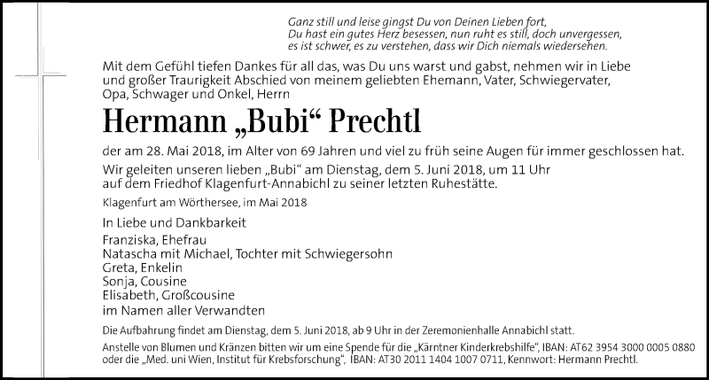  Traueranzeige für Hermann Prechtl vom 02.06.2018 aus Kleine Zeitung