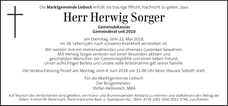  Traueranzeige für Herwig Sorger vom 02.06.2018 aus Kleine Zeitung