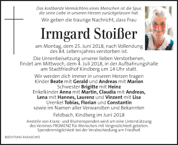 Traueranzeige von Irmgard Stoißer von Kleine Zeitung
