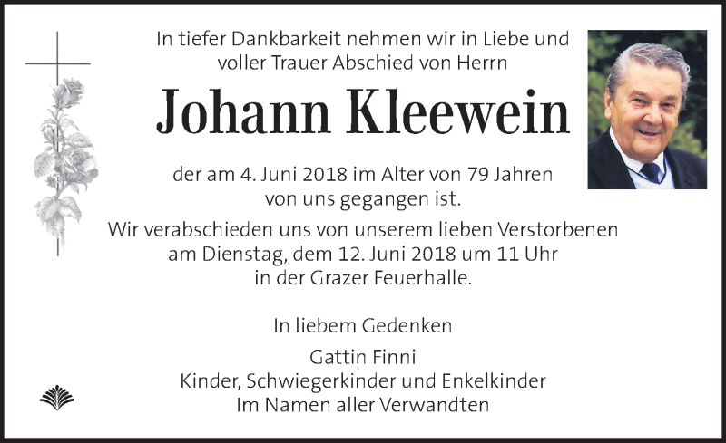  Traueranzeige für Johann Kleewein vom 08.06.2018 aus Kleine Zeitung